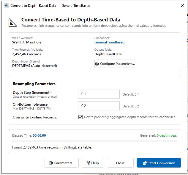 WDA Time-to-Depth Conversion Dialog showing parameter configuration, on-bottom tolerance filtering, and live generated depth rows counter