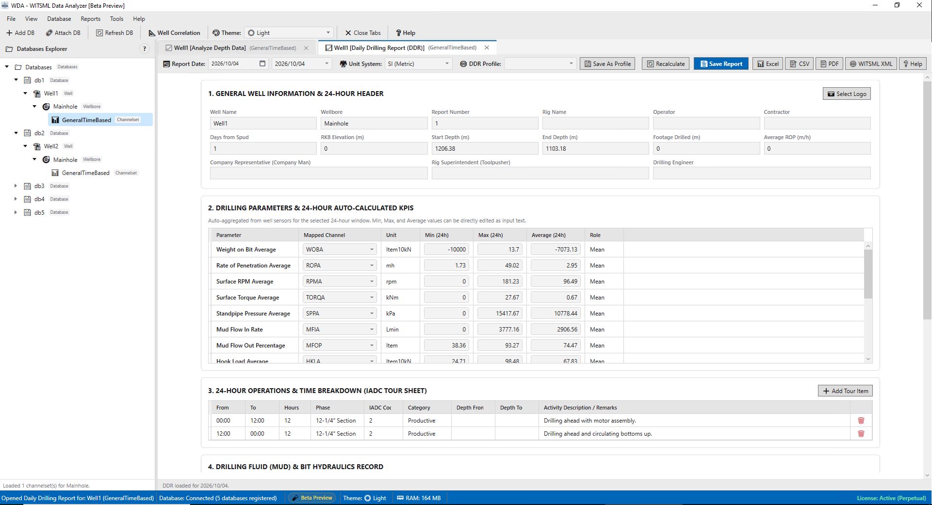 WDA Daily Drilling Report Console displaying 24-hour IADC tour sheet operations, automated sensor KPIs, and mud rheology records