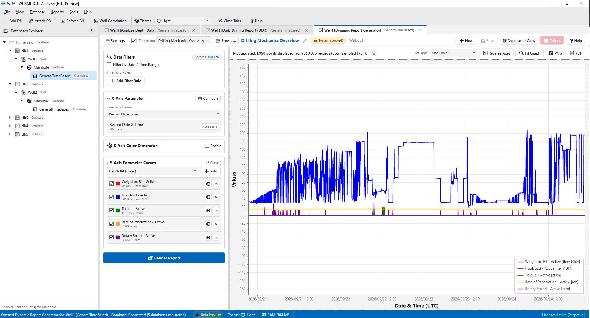 WDA Dynamic Report Generator displaying multi-variable ROP vs WOB crossplot color-coded by Mud Flow Rate with Viridis colormap